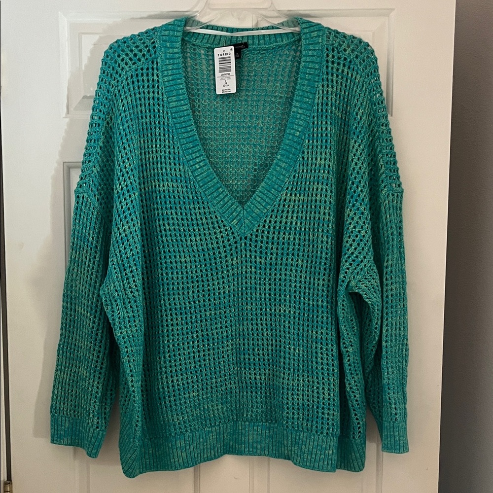 Torrid Turquoise Open Stitch V-Neck Sweater Size 3 NWT